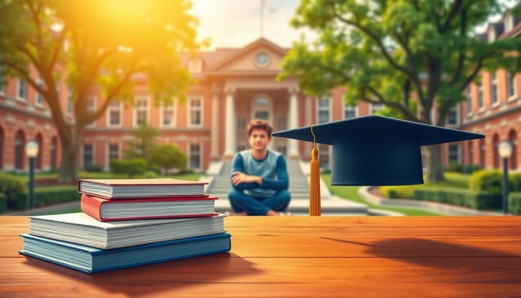A beautifully crafted illustration of a merit scholarship, set against the backdrop of a prestigious university campus. In the foreground, a stack of books and a graduation cap rest on a wooden desk, illuminated by soft, warm lighting. In the middle ground, a young student sits thoughtfully, contemplating their academic achievements. The campus buildings, with their grand architecture and lush greenery, form the background, conveying a sense of opportunity and promise. The overall atmosphere is one of academic excellence, hard work, and the rewards of dedication.