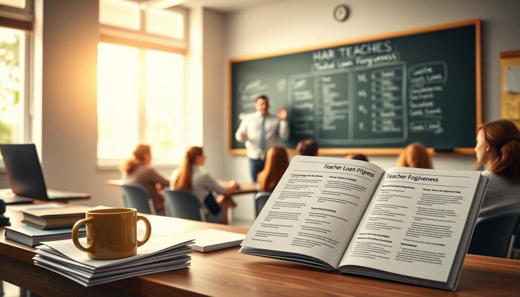 A bright, airy classroom setting with a chalkboard on the wall. In the foreground, a teacher's desk with stacks of papers, a laptop, and a coffee mug. On the desk, a brochure open to display information about "Teacher Loan Forgiveness" options. In the middle ground, students sitting at desks, attentively listening to the teacher's lecture. The teacher, dressed professionally, stands at the front of the class, gesturing towards the chalkboard which displays a diagram outlining the various loan forgiveness programs. Warm, natural lighting filters in through large windows, creating a welcoming and educational atmosphere. The overall scene conveys a sense of understanding and guidance regarding the complexities of federal loan forgiveness for teachers.
