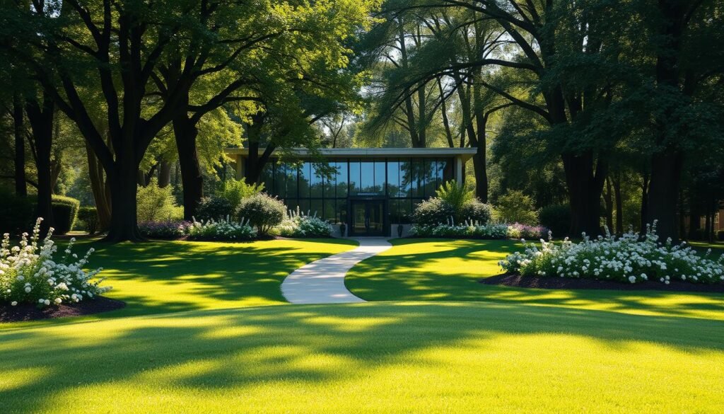 A bright, airy tuition residence hall nestled amidst lush greenery, with a modern, minimalist facade of glass and sleek concrete. The foreground showcases a well-maintained lawn dotted with blooming flowers, while the middle ground features a winding path leading up to the building's entrance. The background is filled with towering trees, casting soft, dappled shadows across the scene. The lighting is natural and warm, creating a welcoming and serene atmosphere. The camera angle is slightly elevated, providing a comprehensive view of the residence and its surroundings, conveying a sense of tranquility and academic focus. A bright, airy tuition residence hall nestled amidst lush greenery, with a modern, minimalist facade of glass and sleek concrete. The foreground showcases a well-maintained lawn dotted with blooming flowers, while the middle ground features a winding path leading up to the building's entrance. The background is filled with towering trees, casting soft, dappled shadows across the scene. The lighting is natural and warm, creating a welcoming and serene atmosphere. The camera angle is slightly elevated, providing a comprehensive view of the residence and its surroundings, conveying a sense of tranquility and academic focus.