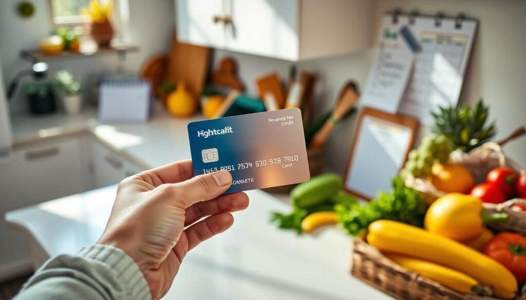 A brightly lit kitchen countertop, with fresh produce and groceries neatly arranged. In the foreground, a person's hand holds a sleek, no-annual-fee credit card, ready to make a seamless payment. The card reflects the warm, natural lighting, conveying a sense of ease and efficiency. In the background, a calendar and a to-do list hint at the daily tasks and errands this card simplifies. The overall scene exudes a sense of organization, financial responsibility, and the effortless integration of modern financial tools into everyday life. A brightly lit kitchen countertop, with fresh produce and groceries neatly arranged. In the foreground, a person's hand holds a sleek, no-annual-fee credit card, ready to make a seamless payment. The card reflects the warm, natural lighting, conveying a sense of ease and efficiency. In the background, a calendar and a to-do list hint at the daily tasks and errands this card simplifies. The overall scene exudes a sense of organization, financial responsibility, and the effortless integration of modern financial tools into everyday life.