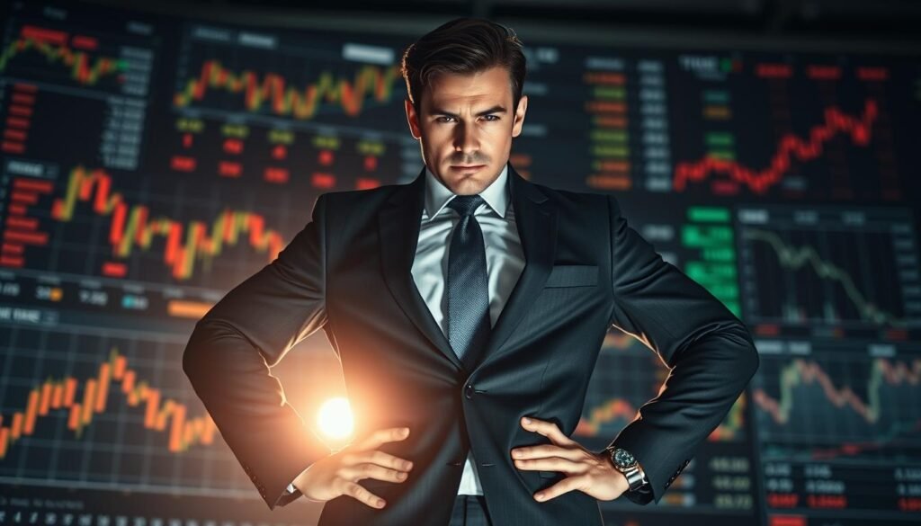 A businessman standing in a confident pose, hands on his hips, with a serious yet determined expression. He is surrounded by a blurred background of stock charts, financial graphs, and investment data. The lighting is dramatic, casting shadows and highlights on his face to convey a sense of risk and uncertainty. The scene is captured from a low angle, emphasizing the subject's authority and decision-making power. The overall mood is one of calculated risk-taking, with the robo advisor apps in the background representing the tools available to help beginners navigate the financial landscape. A businessman standing in a confident pose, hands on his hips, with a serious yet determined expression. He is surrounded by a blurred background of stock charts, financial graphs, and investment data. The lighting is dramatic, casting shadows and highlights on his face to convey a sense of risk and uncertainty. The scene is captured from a low angle, emphasizing the subject's authority and decision-making power. The overall mood is one of calculated risk-taking, with the robo advisor apps in the background representing the tools available to help beginners navigate the financial landscape.