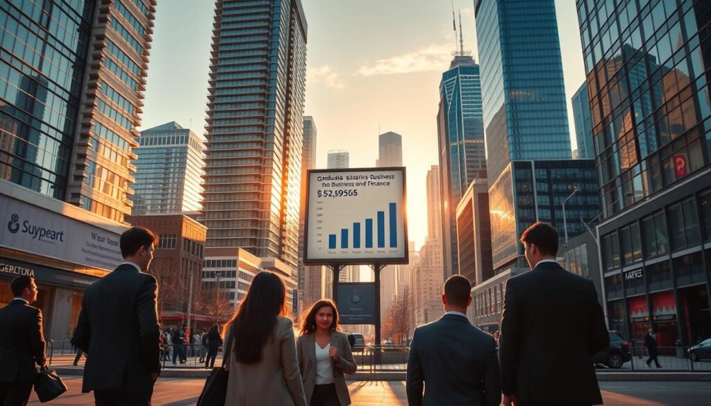 A bustling business district in the heart of a vibrant Canadian city, with modern high-rise buildings casting long shadows under a warm, golden hour sun. In the foreground, a group of young professionals in suits converse, their body language indicating a lively discussion about career prospects and salary expectations. The middle ground features a billboard displaying a graph of graduate salaries in the business and finance sectors, providing a visual reference point. In the background, the skyline is dotted with towering skyscrapers, symbolizing the aspirations and opportunities available to recent graduates in this dynamic urban landscape.