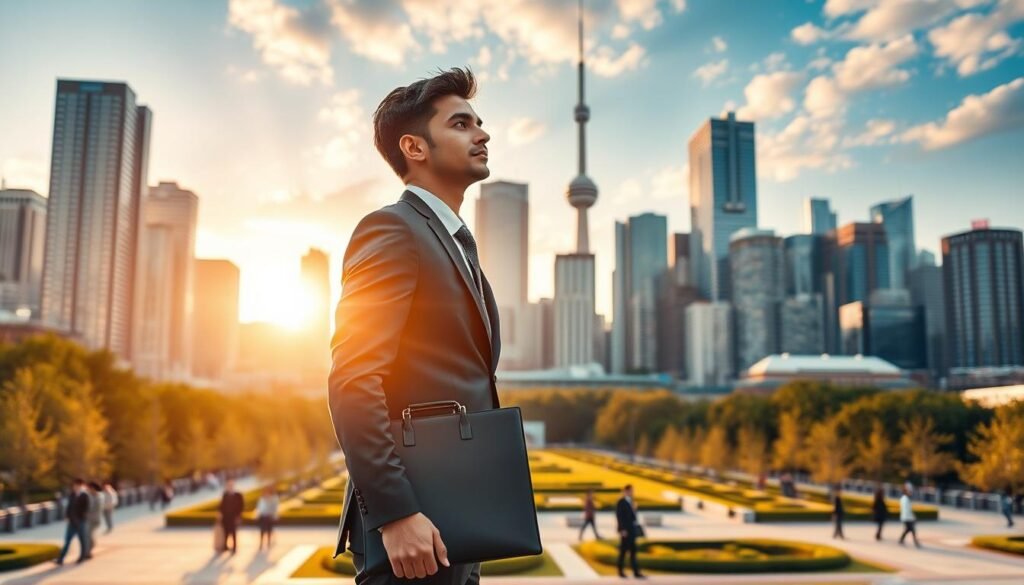 A bustling city skyline in the background, with towering skyscrapers and a vibrant cityscape. In the foreground, a young professional stands confidently, dressed in a sharp suit, briefcase in hand, gazing out towards the horizon, symbolizing the start of a promising finance career. The scene is bathed in warm, golden lighting, creating a sense of optimism and opportunity. The middle ground features a well-manicured park or plaza, with people walking by, further enhancing the urban, cosmopolitan atmosphere. The overall composition conveys the energy, dynamism, and global nature of a finance career in a major Canadian city.