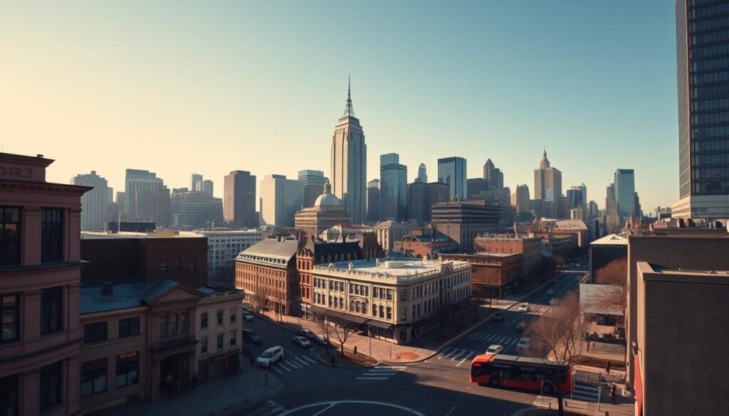 A bustling city skyline, with towering skyscrapers and modern architecture stretching out against a clear, blue sky. In the foreground, a busy street scene, with people hurrying along the sidewalks, cars and buses flowing through the intersections. The middle ground features a mix of older, Victorian-style buildings and contemporary office blocks, creating an intriguing visual contrast. Warm, diffused sunlight bathes the scene, casting soft shadows and giving the image a welcoming, vibrant atmosphere. The camera is positioned at a slightly elevated angle, providing a sweeping, panoramic view that captures the energy and dynamism of this thriving urban center.