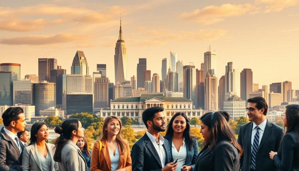 A bustling city skyline with towering skyscrapers, reflecting the dynamic energy of business opportunities. In the foreground, a group of diverse, well-dressed professionals, representing the vibrant international student community, engaged in animated discussions. The mid-ground features a prestigious university campus, symbolizing the academic excellence of US MBA programs. Warm, golden lighting casts a confident, aspirational glow, conveying the promise of career acceleration. Captured through a wide-angle lens to emphasize the scope and scale of the scene, this image encapsulates the boundless potential of a US MBA for international students seeking to elevate their careers.