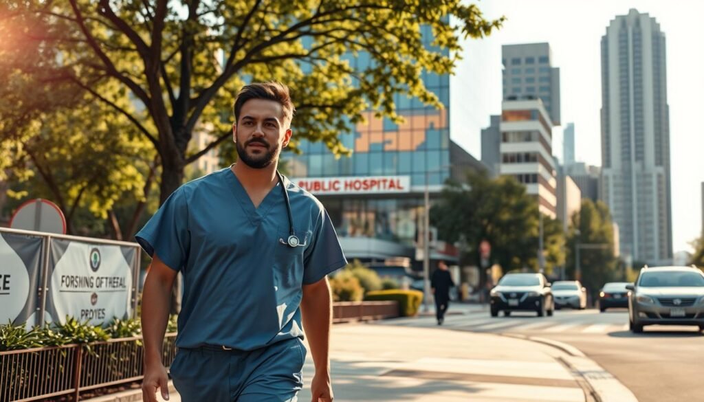 A bustling city street, sunlight filtering through the trees, as a healthcare worker in scrubs strides purposefully down the sidewalk, their face radiating a sense of dedication and purpose. In the middle ground, a public hospital stands, its modern architecture and glass facade reflecting the changing skyline. In the background, a mix of residential and commercial buildings, hinting at the diverse community the healthcare worker serves. The overall mood is one of quiet determination, with a touch of optimism - a visual representation of the noble calling of public service.