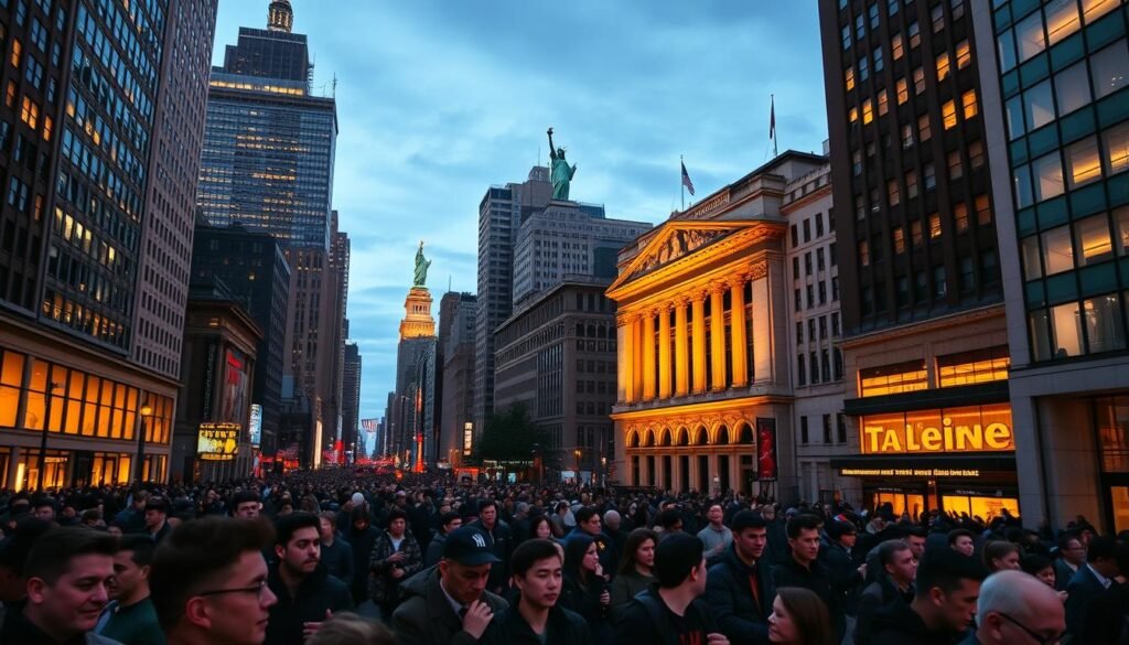 A bustling cityscape at dusk, the skyline dominated by towering skyscrapers adorned with glowing windows. In the foreground, a sea of people navigates the busy streets, their expressions a mix of focus and determination as they hurry to and fro. The iconic New York Stock Exchange building stands tall, its grand façade illuminated by warm, golden light, symbolizing the heart of the American financial system. In the distance, the iconic Statue of Liberty stands as a silent guardian, overlooking the dynamic ebb and flow of the stock market's activity. The scene conveys a sense of energy, progress, and the importance of financial planning for long-term success in the United States.