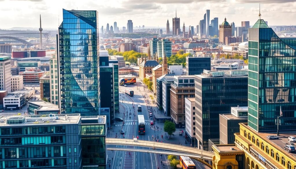 A bustling cityscape depicting the rise of regional finance hubs across the United Kingdom. In the foreground, modern high-rise buildings with sleek glass facades and dynamic architectural designs stand tall, symbolizing the thriving financial centers beyond London. The middle ground features a network of busy streets lined with thriving businesses, pedestrians, and public transportation. In the background, a blend of historical landmarks and contemporary skyscrapers creates a harmonious skyline, showcasing the blend of tradition and innovation. The scene is bathed in a warm, golden light, conveying a sense of prosperity and optimism. The overall atmosphere reflects the growth and importance of these regional finance hubs, presenting an attractive destination for finance graduates seeking diverse career opportunities.