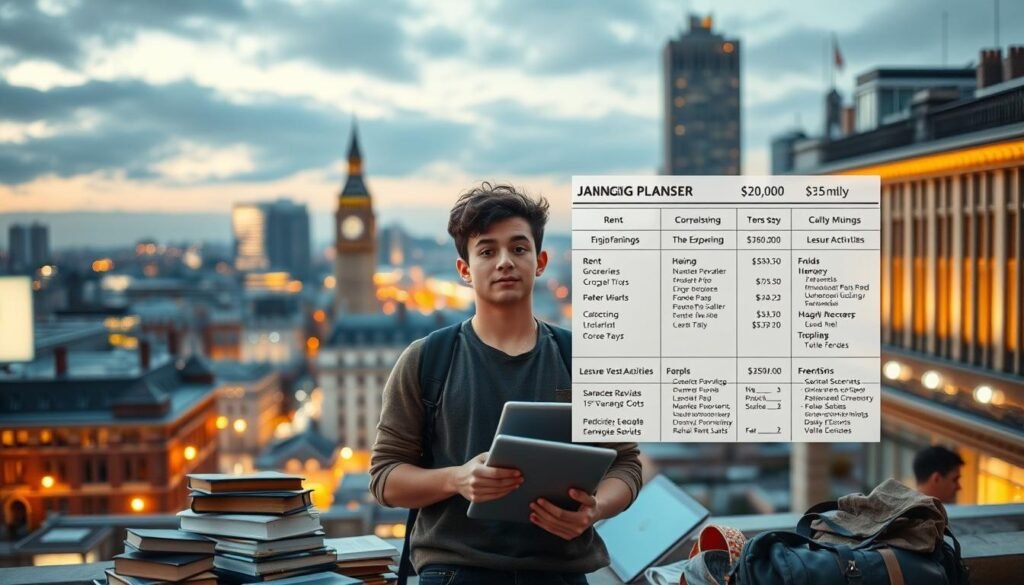 A bustling cityscape, illuminated by the warm glow of street lamps, serves as the backdrop for a detailed examination of living costs. In the foreground, a young student stands amidst a collection of essential items - textbooks, laptop, and a neatly organized budget planner. The middle ground features a meticulously rendered display of monthly expenses, including rent, groceries, transportation, and leisure activities. The lighting is a harmonious blend of natural and artificial sources, casting subtle shadows and highlighting the thoughtful details. The overall atmosphere conveys a sense of contemplation and careful financial planning, reflecting the importance of budgeting for international students in the UK.