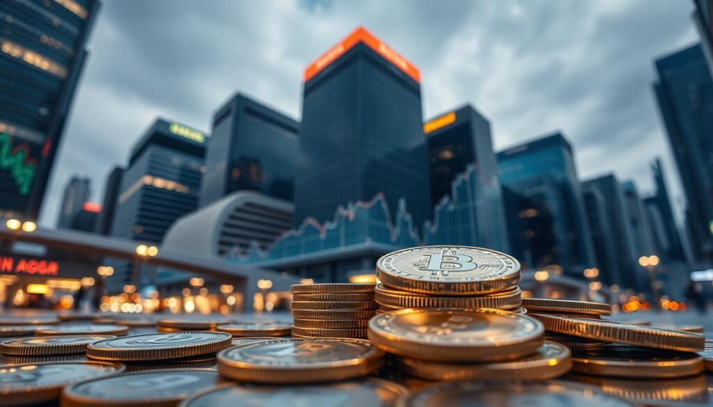 A bustling cryptocurrency market, with a towering graph of market capitalization rising against a backdrop of sleek, modern buildings. In the foreground, a stack of digital coins, their surfaces gleaming under the warm glow of overhead lighting. The scene is captured through a wide-angle lens, conveying a sense of scale and importance. The overall atmosphere is one of growth, innovation, and financial opportunity, reflecting the potential of the cryptocurrency market in the years to come.