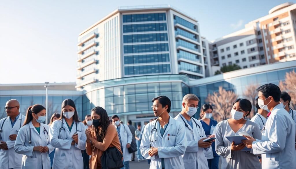 A bustling hospital campus, with a modern, glass-fronted entrance set against a clear blue sky. In the foreground, a diverse group of healthcare professionals - doctors, nurses, and technicians - engaging with patients, their expressions conveying empathy and care. The middle ground features state-of-the-art medical equipment and diagnostic tools, while the background showcases a towering, technologically advanced building housing research labs and administrative offices. Soft, directional lighting illuminates the scene, creating a sense of warmth and professionalism. The overall atmosphere conveys the dynamic, collaborative, and cutting-edge nature of the healthcare industry, poised to meet the evolving needs of the future.