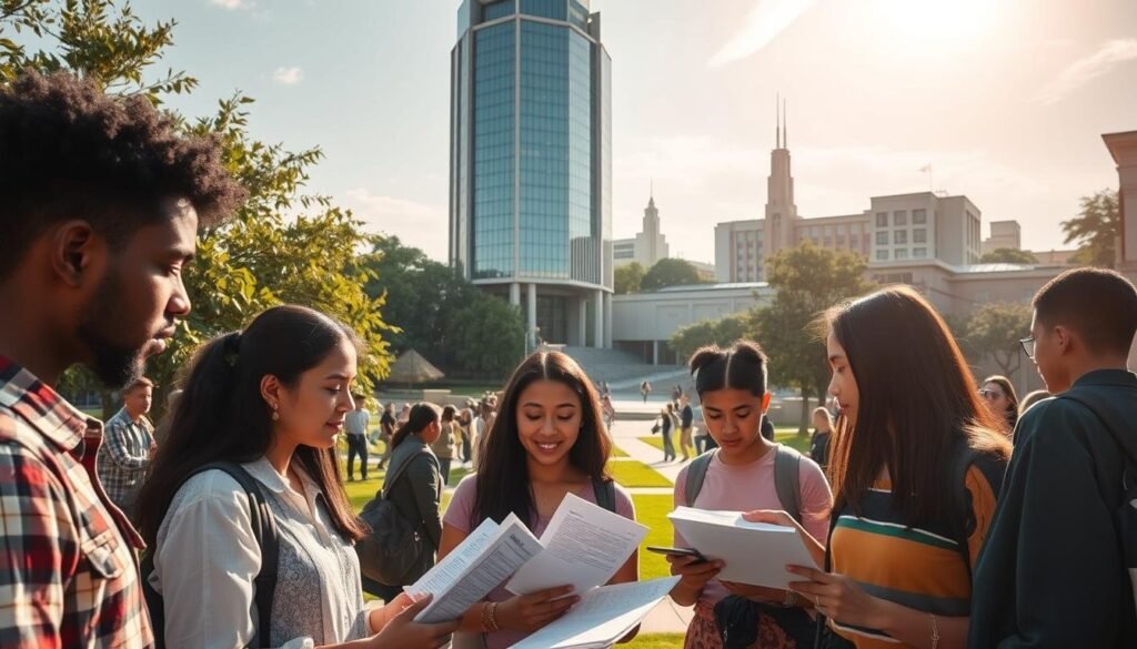 A bustling international campus, students from diverse backgrounds gather under a warm, golden sun. In the foreground, a group of young scholars pore over documents, discussing scholarship opportunities with earnest expressions. In the middle ground, a towering glass building with modern architecture symbolizes the wealth of educational resources available. The background showcases lush greenery, tree-lined walkways, and the silhouettes of other academic structures, conveying a sense of global connectivity and intellectual pursuit. The scene is imbued with a mood of inspiration and possibility, inviting the viewer to imagine the transformative power of international scholarships.
