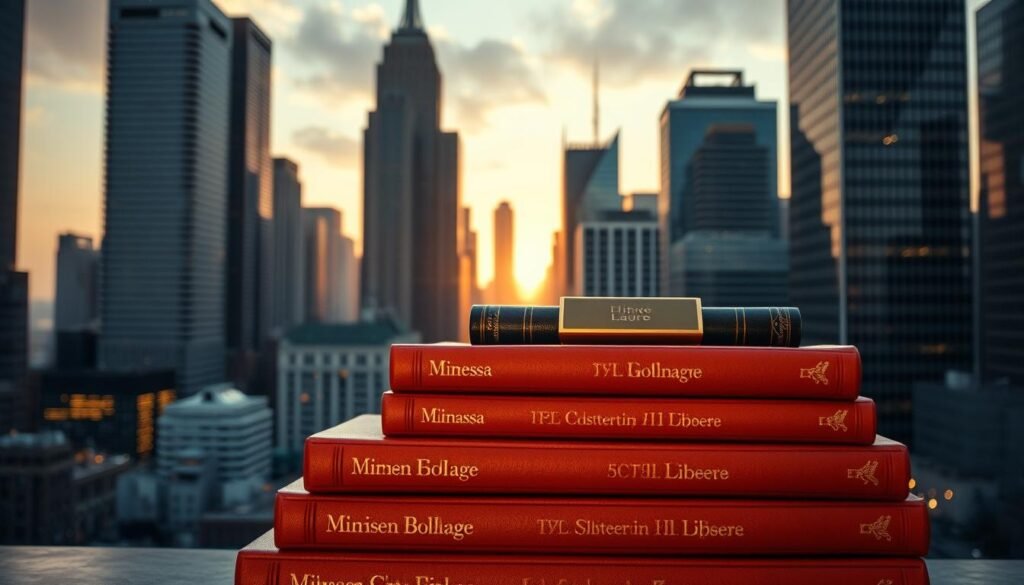 A bustling metropolis skyline, with towering skyscrapers casting long shadows in the golden hour light. In the foreground, a neatly stacked pile of leather-bound books, their spines emblazoned with prestigious corporate logos. Atop the books, a polished brass nameplate, reflecting the city lights. Surrounding the scene, a hazy atmosphere of professionalism and ambition, evoking the prestige and status symbols associated with leading internship programs at top-tier companies. Captured with a cinematic, wide-angle lens to convey a sense of scale and importance.