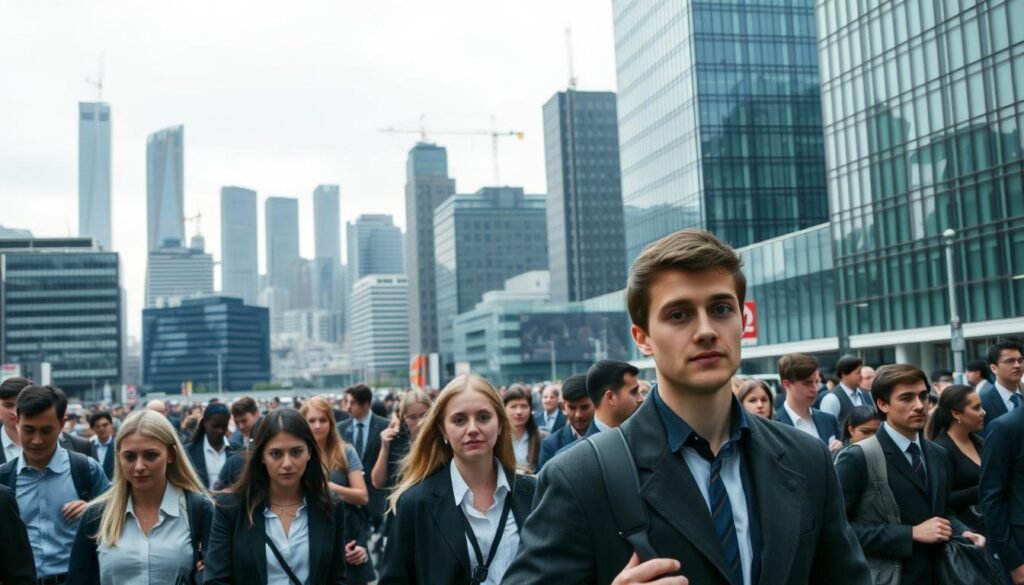 A bustling, modern job market in the heart of a thriving UK city. In the foreground, eager graduates in smart attire navigate the chaotic flow of commuters, their faces a mix of determination and trepidation. The middle ground features an array of office buildings, their glass facades reflecting the gray, overcast sky. In the background, towering skyscrapers and cranes hint at the dynamic growth and opportunities, while also conveying the competitive, high-stakes nature of the job landscape. Soft, diffused lighting creates a sense of urgency, while a subtle haze suggests the challenges and uncertainties that graduates face. The scene captures the dynamic, fast-paced nature of the UK job market, where ambitious young professionals strive to establish their careers.