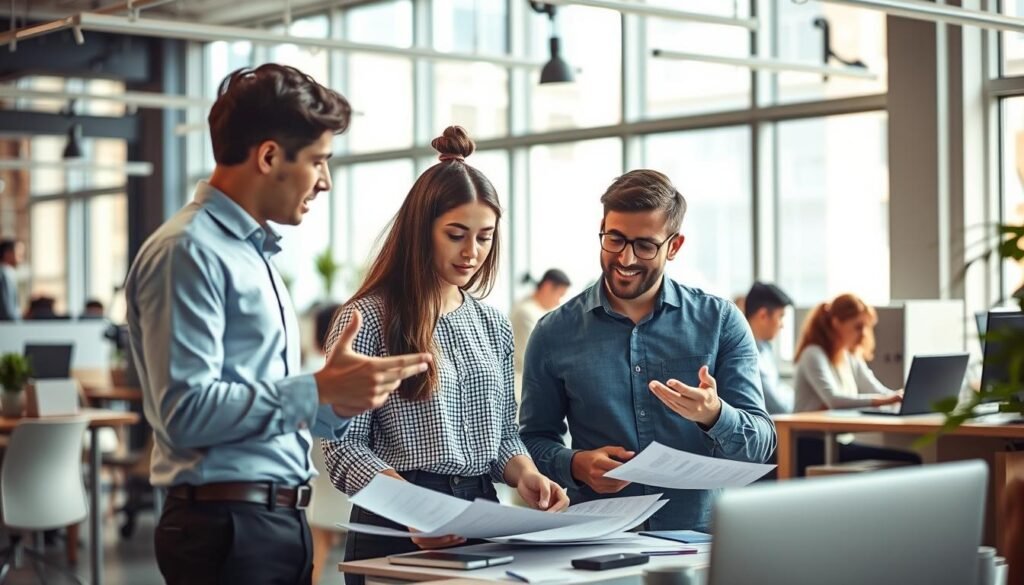 A bustling office scene, illuminated by soft, natural light filtering through large windows. In the foreground, a young professional earnestly engages in discussion with a seasoned mentor, gesticulating animatedly as they review documents. The middle ground features other interns collaborating at desks, immersed in their tasks, while the background showcases the company's vibrant, modern workspace. The overall atmosphere conveys the value of hands-on experience, guidance, and the integration of fresh perspectives - the hallmarks of a transformative internship that propels careers forward.