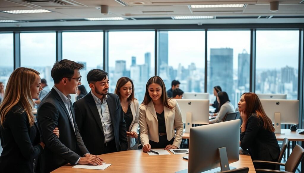 A bustling office scene of professional services employers in a modern, well-lit workspace. In the foreground, a group of smartly dressed employees engaged in discussion around a conference table, their expressions focused and attentive. In the middle ground, other workers collaborate at their desks, their computer screens casting a soft glow. The background features a panoramic view of the city skyline through large windows, conveying a sense of corporate success and opportunity. The overall atmosphere is one of productivity, innovation, and a thriving business environment. A bustling office scene of professional services employers in a modern, well-lit workspace. In the foreground, a group of smartly dressed employees engaged in discussion around a conference table, their expressions focused and attentive. In the middle ground, other workers collaborate at their desks, their computer screens casting a soft glow. The background features a panoramic view of the city skyline through large windows, conveying a sense of corporate success and opportunity. The overall atmosphere is one of productivity, innovation, and a thriving business environment.