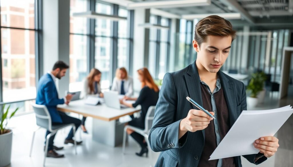 A bustling office scene, with professionals engaged in a seamless workflow. The foreground features a young, ambitious intern, pen in hand, reviewing documents meticulously. The middle ground showcases a team of finance experts, collaborating at a large conference table, their expressions focused and determined. In the background, a sleek, modern office space with floor-to-ceiling windows, allowing natural light to flood the scene, creating a sense of energy and productivity. The atmosphere is one of efficiency and progress, reflecting the internship program process in Canada, where international students can explore opportunities in the dynamic world of finance.
