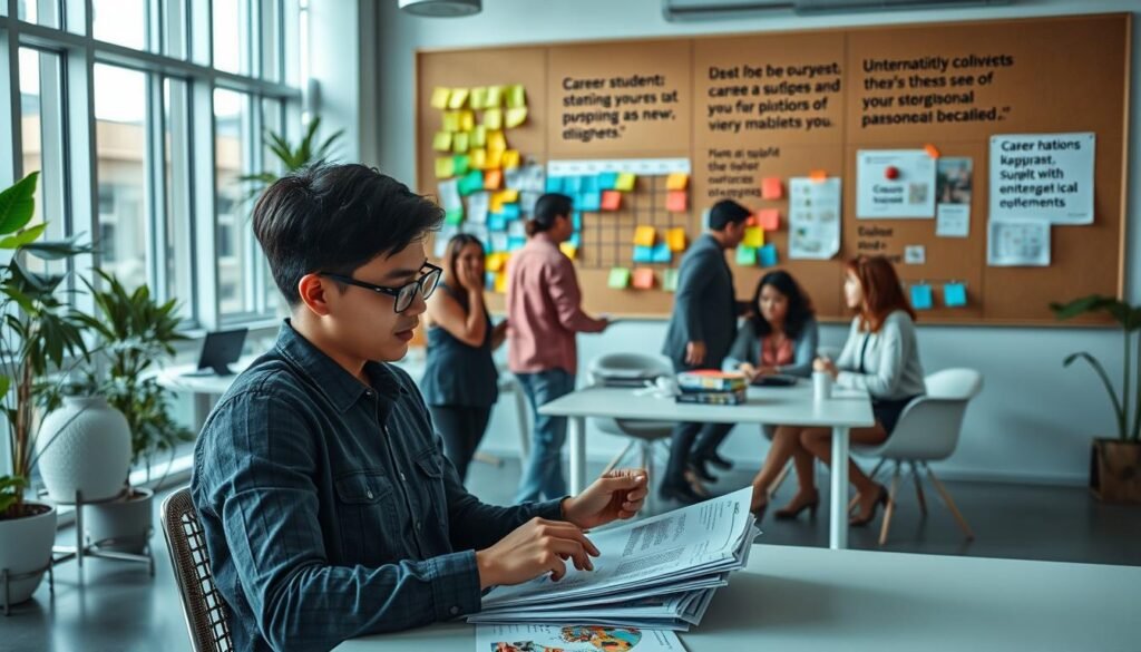 A bustling open-plan office, flooded with natural light from large windows. In the foreground, an international student sits at a desk, intently studying career planning materials and brochures. Behind them, a group of diverse colleagues collaboratively discuss job opportunities, their conversation animated and energetic. In the background, a corkboard displays colorful post-it notes, carefully organized career mapping diagrams, and inspirational quotes about pursuing one's professional passions. The overall scene conveys a sense of focus, purpose, and the promise of new horizons for the international student as they navigate their career journey.