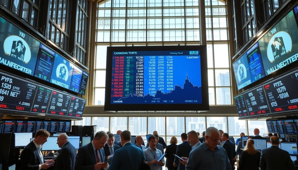 A bustling stock exchange floor, illuminated by natural light pouring through towering windows. In the foreground, a group of traders intently studying stock charts and making rapid calculations on their electronic devices. In the middle ground, a large digital display board showcases the real-time performance of various exchange-traded funds (ETFs), reflecting the dynamic nature of the Canadian investment landscape. The background is a panoramic view of the city skyline, hinting at the broader economic context that shapes the ETF market. The atmosphere is one of focused energy, innovation, and the promise of long-term growth.