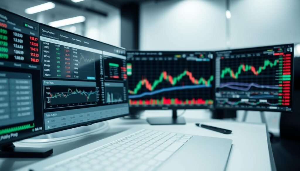 A bustling trading platform interface, showcasing real-time stock data, charts, and intuitive trading tools. The foreground features a sleek, minimalist dashboard with customizable widgets, dynamic price movements, and user-friendly order execution controls. The middle ground presents detailed analytical graphs and performance indicators, while the background subtly blurs to accentuate the focal point. Soft, indirect lighting casts a professional, authoritative atmosphere, enhanced by a clean, monochromatic color palette. The camera angle is slightly elevated, providing an immersive, user-centric perspective that invites the viewer to envision themselves navigating this comprehensive trading experience.