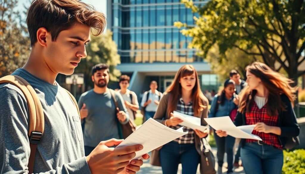 A bustling university campus on a sunny day, with students hurrying to class. In the foreground, a young student meticulously reviews documents, brow furrowed in concentration, as they navigate the student loan application process. The middle ground features a group of students discussing deadlines and paperwork, gesturing animatedly. In the background, a modern administrative building looms, its glass façade reflecting the activity below. Warm lighting bathes the scene, conveying a sense of diligence and focus as the students strive to secure their educational futures by applying for loans on time.