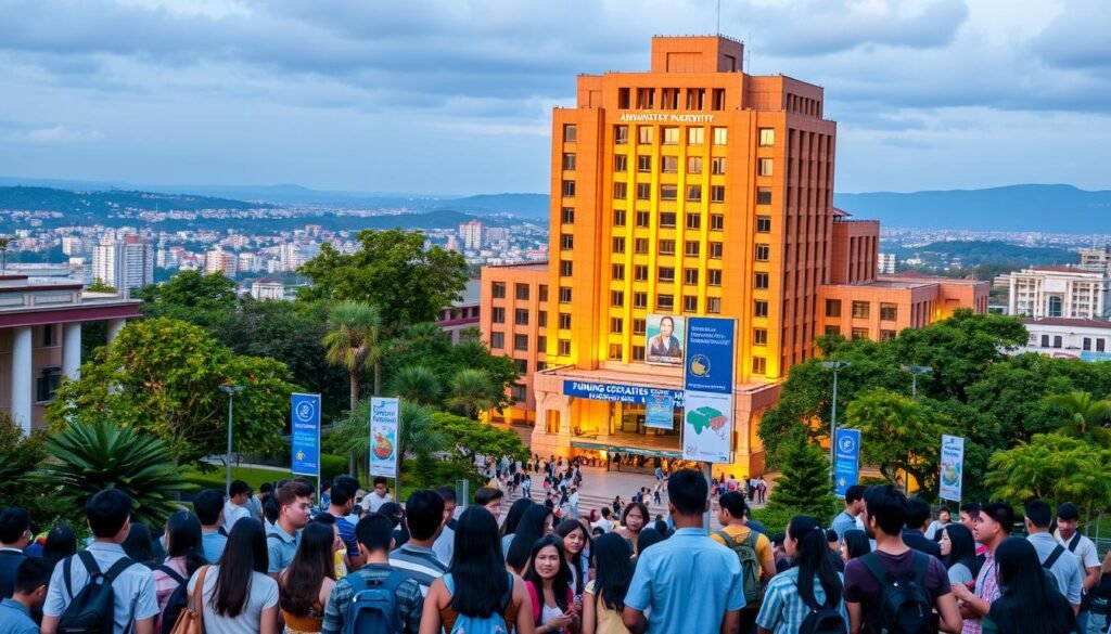 A bustling university campus with a towering administration building in the center, surrounded by lush greenery and modern architecture. In the foreground, a diverse group of international students gather, engaged in animated discussions. The building's facade is illuminated by warm, golden light, conveying a sense of institutional prestige and support. In the middle ground, banners and signage advertise various scholarship and funding opportunities, with vibrant colors and eye-catching designs. The background features a scenic cityscape, hinting at the global connections and opportunities available to these students. The overall atmosphere is one of opportunity, inclusion, and academic excellence.