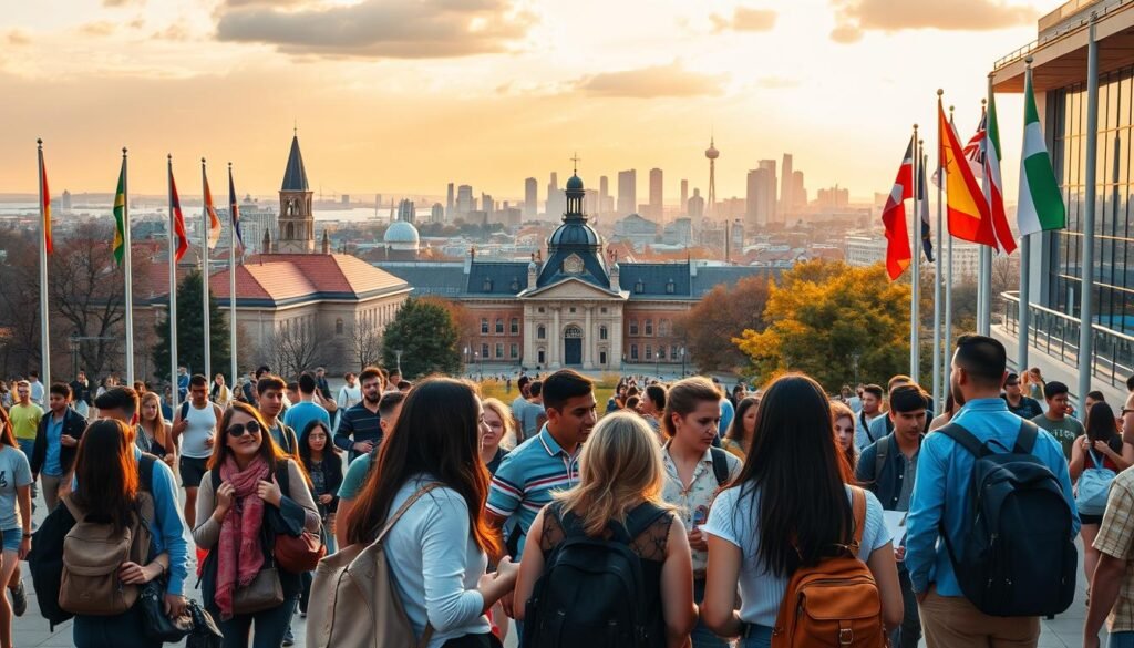 A bustling university campus with diverse students, flags, and international symbols. In the foreground, a group of students engaged in lively discussion, representing the transfer and global opportunities. The middle ground showcases a mix of architectural styles, reflecting the multicultural environment. The background features a picturesque skyline, hinting at the vibrant city beyond. Warm, golden lighting illuminates the scene, conveying a sense of possibility and discovery. Crisp, high-resolution details capture the energy and dynamism of this academic setting.
