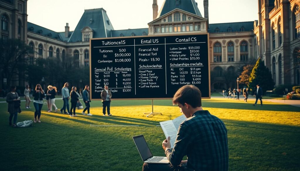 A bustling university campus with grand neo-gothic architecture, a group of students gathered around a large blackboard displaying tuition costs, financial aid figures, and scholarship opportunities. The scene is bathed in warm, golden-hour lighting, casting long shadows across the manicured lawns. In the foreground, a student sits thoughtfully, reviewing a spreadsheet on their laptop, weighing the tradeoffs between tuition, living expenses, and potential scholarships. The mood is one of contemplation, as the viewer is drawn into the complex financial decisions facing prospective graduate students.