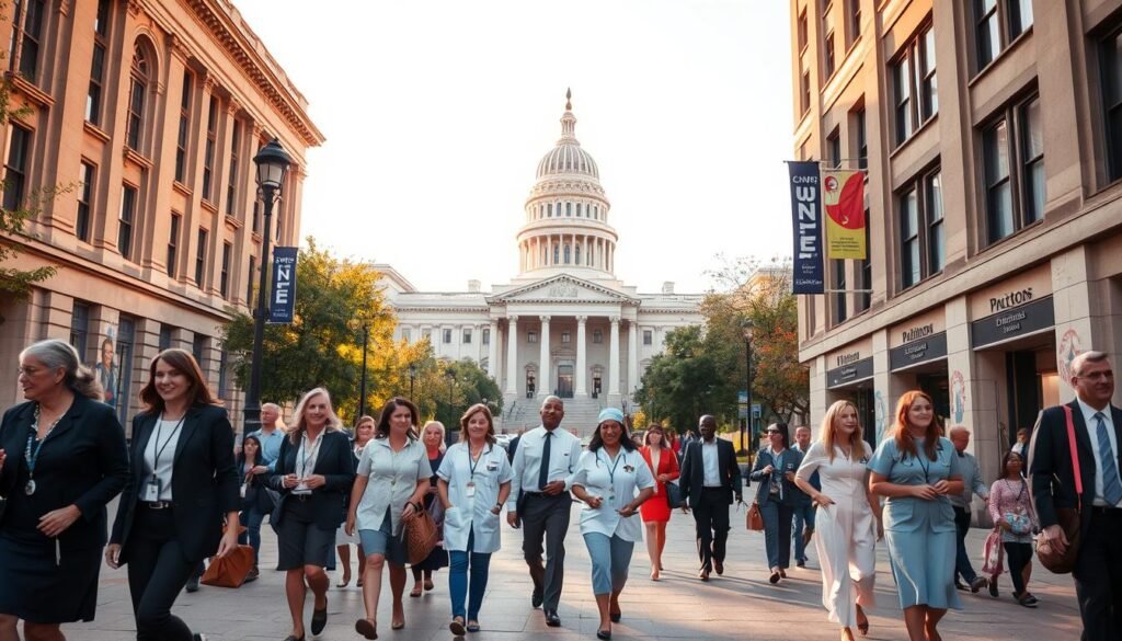 A bustling urban scene with a towering government building in the background, its classical architecture bathed in warm afternoon light. In the foreground, a diverse group of people dressed in professional attire - teachers, nurses, and civil servants - walking purposefully along the sidewalk, conveying a sense of civic duty and public service. The mid-ground features an educational institution, its facade adorned with murals and signage representing the various fields of study. The atmosphere is one of optimism and community, reflecting the opportunity for career-oriented debt relief through public service and education.