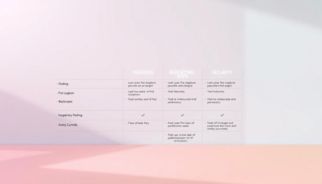 A clean, minimalist comparison table against a soft, gradient background. The table features rows of free budgeting apps, each with columns highlighting key features and security details in a clear, easy-to-read format. The table is well-organized, with consistent spacing and alignment. The overall aesthetic is professional and visually appealing, reflecting the authoritative tone of the article. Soft lighting from the top left casts gentle shadows, adding depth and dimension to the scene. The camera angle is slightly elevated, providing an unobstructed view of the comparison table.