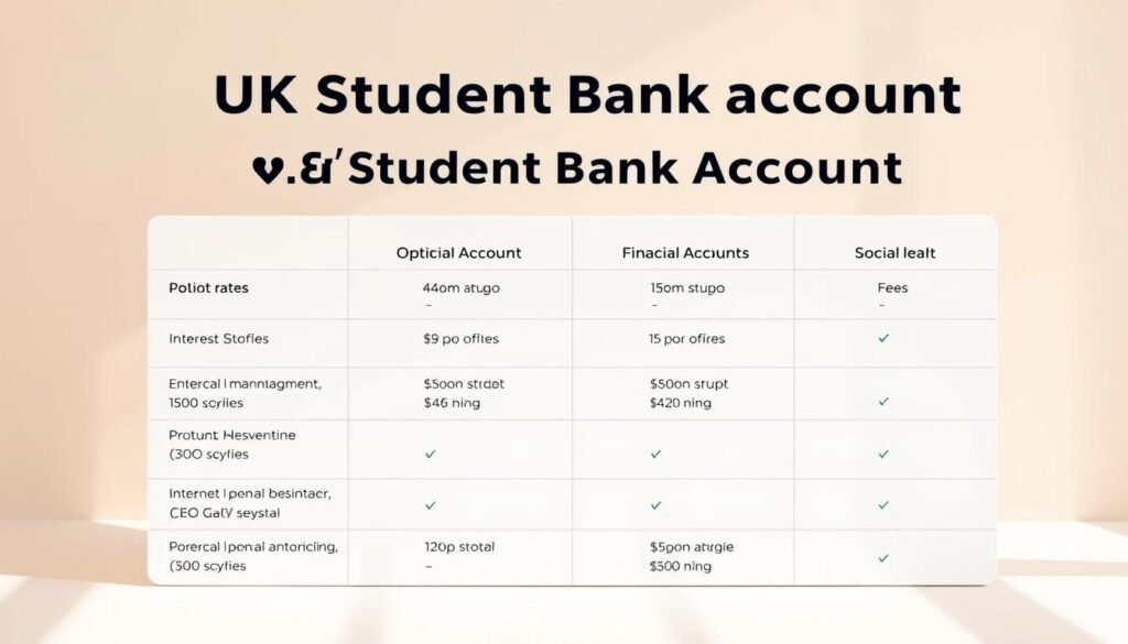 A clean, minimalist table displaying a side-by-side comparison of the top UK student bank accounts. The table is set against a soft, neutral background, with a warm, natural lighting creating a sense of professionalism and trustworthiness. The accounts are presented with key details like interest rates, fees, and special features, allowing the viewer to quickly grasp the essential information. The overall composition is balanced and visually appealing, guiding the eye towards the most important details. The mood is one of clarity, helpfulness, and financial transparency, reflecting the informative nature of the article.