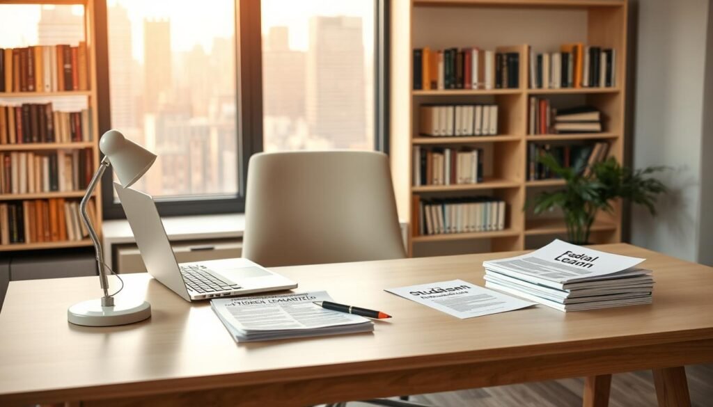 A clean, modern office setting with a mid-century inspired desk and chair. On the desk, a laptop, a pen, and a stack of papers symbolizing federal student loan documents. The background features shelves filled with books and a window overlooking a city skyline, bathed in warm, natural lighting. The overall atmosphere conveys a sense of organization, productivity, and a path forward in consolidating student debt.