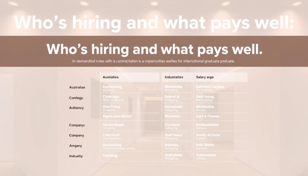 A clean, professional-looking infographic displaying a list of in-demand roles and industries in the Australian job market, with a focus on opportunities well-suited for international graduates. The layout features a sleek, minimalist design with a soft, warm color palette and high-contrast typography. The foreground showcases the "Who's hiring and what pays well" header prominently, while the middle ground depicts a neatly organized list of job titles, companies, and salary ranges. The background subtly evokes a sense of modern, urban professionalism with muted architectural elements. Lighting is soft and diffused, creating an inviting, informative atmosphere.