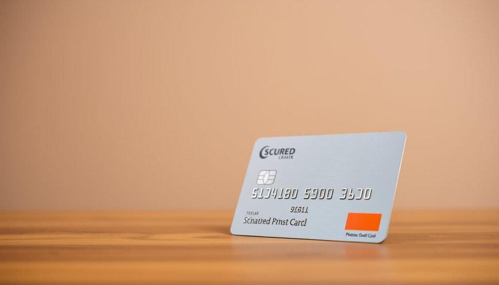 A close-up view of a secured credit card, placed on a wooden table against a plain, muted background. The card is made of sturdy, high-quality plastic, with a metallic finish that reflects the light softly. The front of the card displays the logo and branding of a reputable financial institution, conveying a sense of trust and security. The card is positioned at a slight angle, creating a sense of depth and drawing the viewer's attention to the key details. The lighting is soft and even, creating a warm, inviting atmosphere that evokes a sense of reliability and financial responsibility.