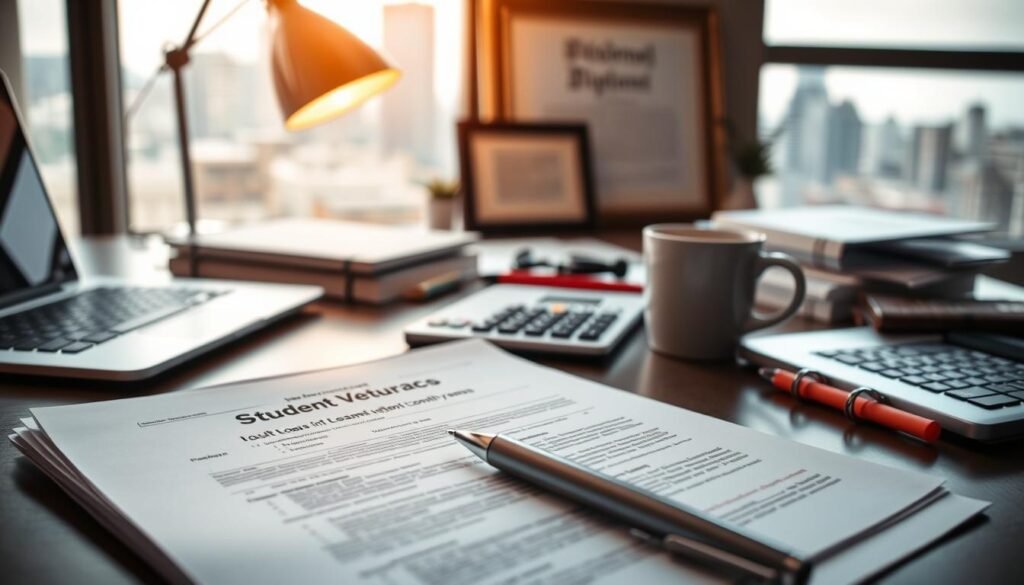 A close-up view of a veterinary student's desk, with textbooks, a laptop, and a calculator scattered around. The foreground features a stack of loan documents and a pen, casting a soft, warm glow from a nearby lamp. The middle ground showcases a framed diploma and a cup of coffee, hinting at the dedication and hard work required to pursue a veterinary education. In the background, a window overlooks a city skyline, representing the future opportunities that await the student upon graduation. The overall mood is contemplative, reflecting the gravity of the student loan decision and the determination to succeed in the veterinary field.