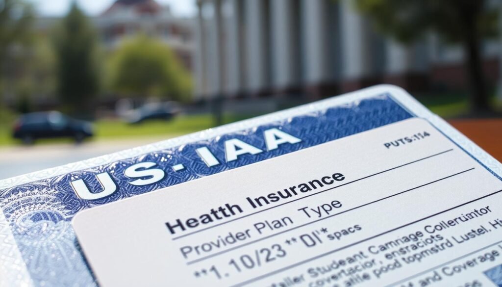 A closeup of a US visa document, with its holographic security features and intricate patterns glistening under crisp, directional lighting. In the foreground, a health insurance card rests atop the visa, showcasing its key details like provider, plan type, and coverage limits. The midground fades into a blurred backdrop of a university campus, hinting at the academic context. The overall scene conveys a sense of precision, formality, and the importance of proper documentation for international students seeking healthcare coverage.