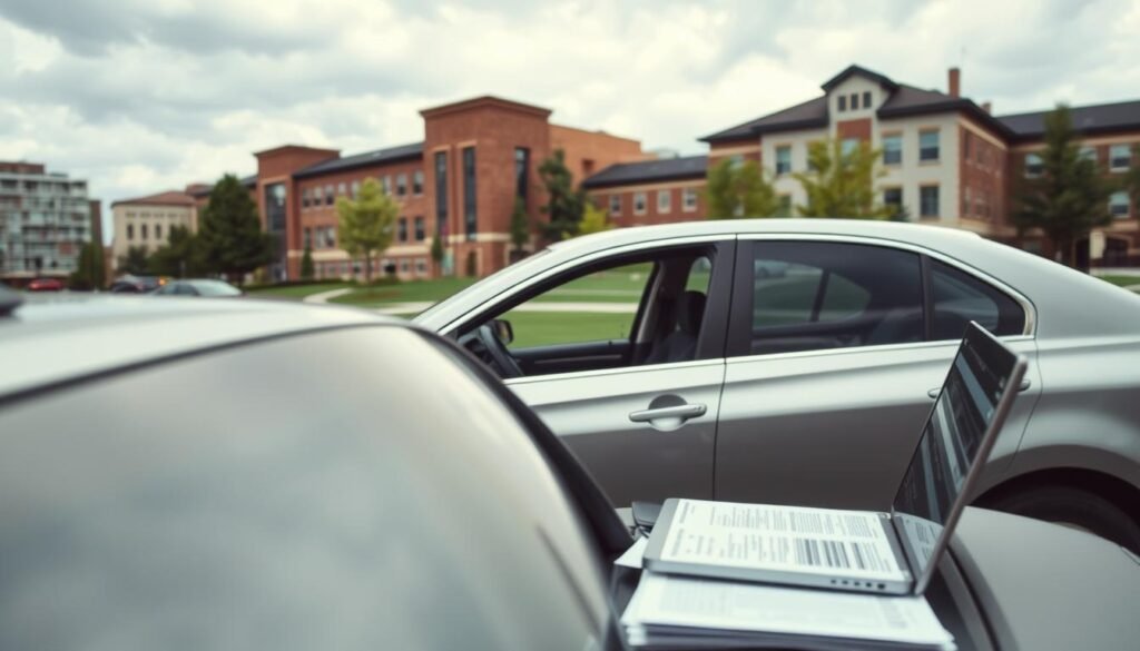 A college campus scene, with a prominent focus on a parked car. The car is a mid-size sedan, in a neutral color like silver or gray, its exterior clean and well-maintained. The foreground depicts the car's interior, with insurance documents and a laptop open on the dashboard, indicating a student researching car insurance options. In the middle ground, the campus buildings are visible, a mix of modern and traditional architecture, suggesting an active academic environment. The background features a cloudy, overcast sky, conveying a slightly somber mood that reflects the financial concerns of students navigating the costs of car insurance. Lighting is soft and diffused, creating a contemplative atmosphere.