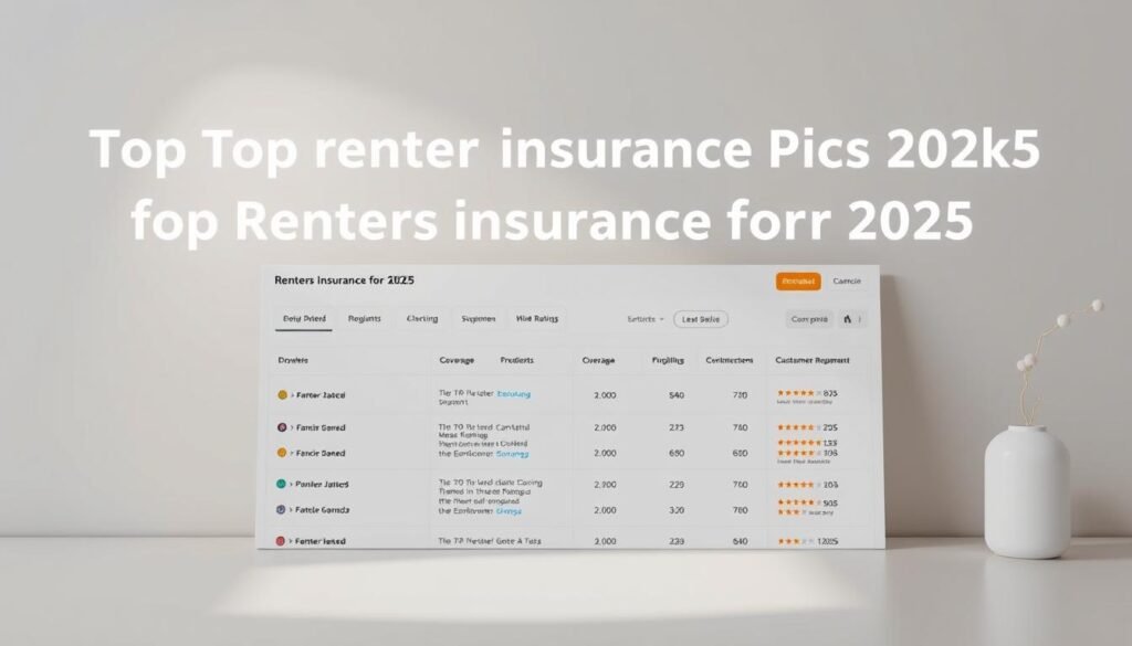 A contemporary and stylish visual presentation of the top renters insurance picks for 2025. A sleek table or dashboard layout showcasing key details such as provider names, coverage highlights, and customer ratings against a muted, minimalist backdrop. Soft lighting casts a gentle glow, emphasizing the clean design and crisp, legible typography. The overall mood is one of professionalism, trust, and practicality - reflecting the informative nature of the content. The image should convey a sense of authority and expertise in the renters insurance industry.