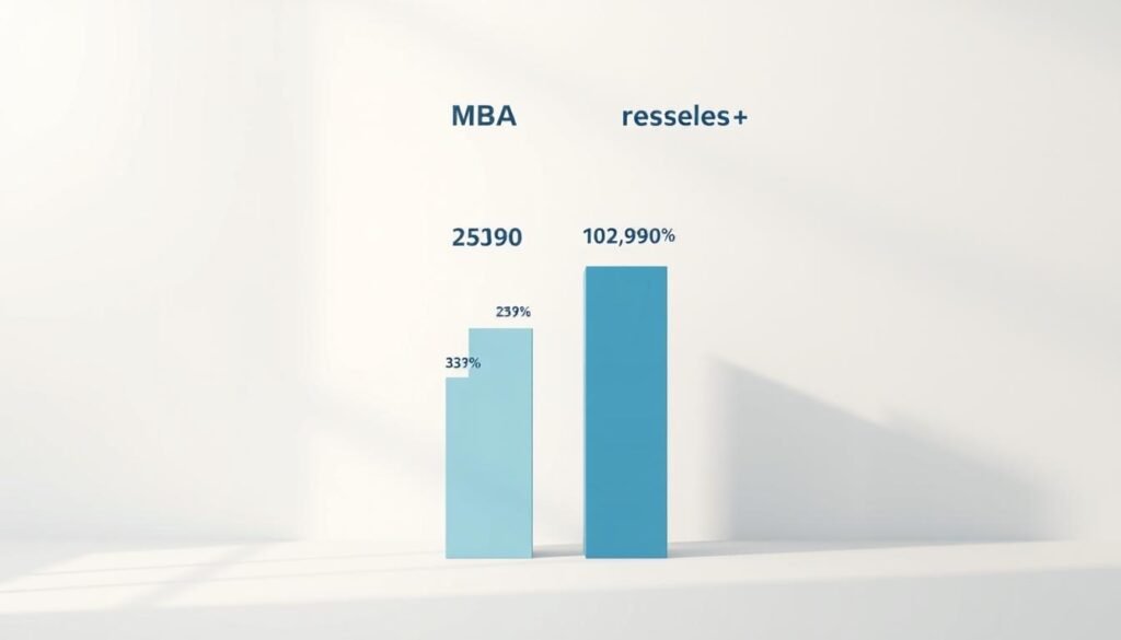 A contemporary data visualization showcasing a side-by-side salary comparison between MBA and Master's degree holders in the USA. Set against a clean, minimalist background, the foreground features two sleek, contrasting columns displaying key metrics such as average annual pay, job placement rates, and industry breakdowns. The columns are rendered in a cool, muted color palette to maintain a professional, analytical tone. Soft, directional lighting from the left casts subtle shadows, adding depth and dimensionality to the scene. The overall composition strikes a balance between analytical clarity and visual interest, creating an impactful, data-driven infographic.