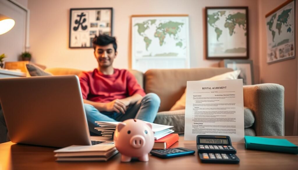 A cozy apartment interior with a young international student sitting on a comfortable couch, surrounded by personal belongings. Warm, diffused lighting creates a sense of security and tranquility. In the foreground, a laptop, books, and a piggy bank symbolize the student's diligence and financial awareness. In the middle ground, a rental agreement document and a calculator suggest the student's attention to managing their finances and protecting their assets. The background features a wall calendar, a framed world map, and a potted plant, conveying the student's global mindset and desire for a nurturing environment. The overall scene emphasizes the importance of renters insurance for international students to safeguard their possessions and provide peace of mind.