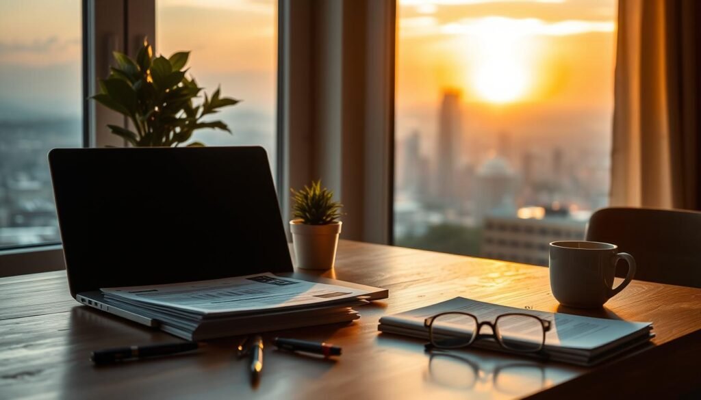 A cozy home office setting, bathed in warm, soft lighting. On a wooden desk, a laptop, a stack of financial documents, and a potted plant. In the background, a large window overlooks a picturesque cityscape, the skyline silhouetted against a golden sunset. A pair of reading glasses, a pen, and a cup of tea complete the scene, creating an atmosphere of contemplation and the beginnings of a financial journey. The overall mood is one of focus, serenity, and the promise of growth.