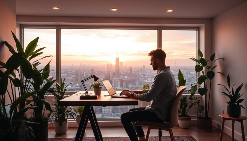 A cozy home office with a remote worker sitting at a sleek, minimalist wooden desk, typing on a laptop surrounded by lush indoor plants and warm lighting. In the background, a panoramic window reveals a serene cityscape under a pastel-hued sunset sky. The scene conveys a sense of tranquility, productivity, and the ability to work from anywhere in the modern digital age.