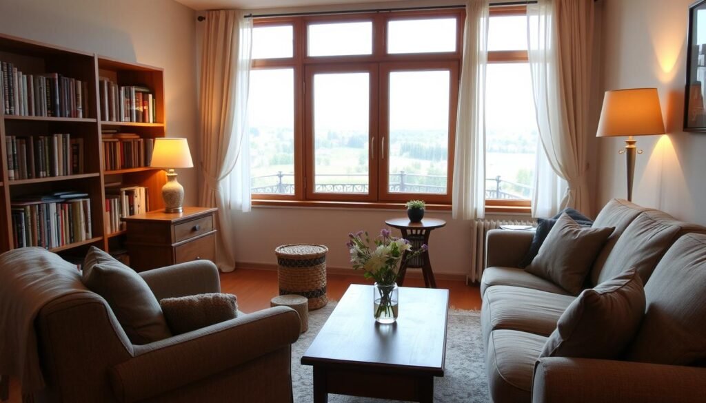 A cozy, modestly furnished living room with warm, soft lighting. In the foreground, a comfortable armchair and a plush, neutral-toned sofa. On the coffee table, a simple vase with fresh flowers. The middle ground features a wooden bookshelf filled with well-worn books, and a small, functional side table. The background showcases a large window overlooking a tranquil outdoor scene, with gentle curtains framing the view. The overall atmosphere is one of quiet contentment, simplicity, and practicality, reflecting a comfortable, modest lifestyle.
