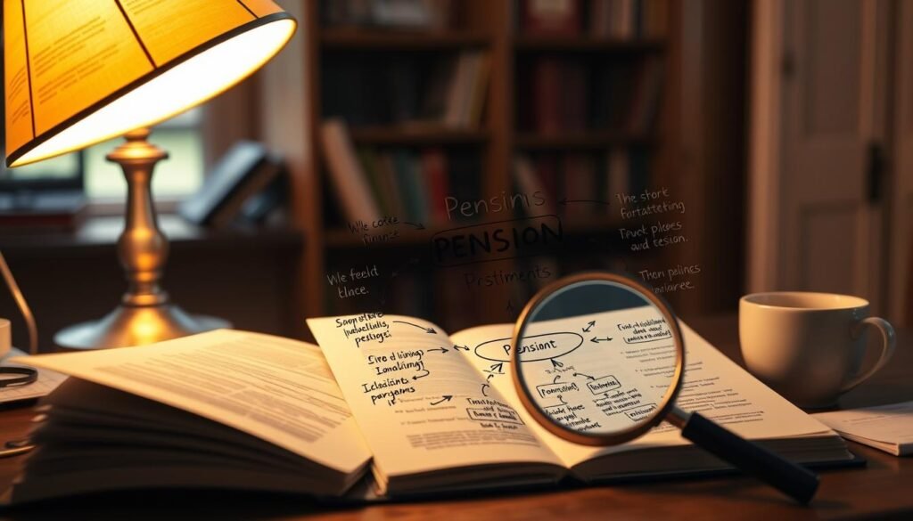 A cozy study filled with the warm glow of a desk lamp, showcasing an open book on personal finance, a cup of tea, and a magnifying glass examining the intricate details of a pension statement. In the middle ground, a hand-drawn diagram elucidates the core components of a UK pension plan, with arrows and annotations explaining key concepts. The background subtly features architectural elements like bookshelves and a window, creating a contemplative, scholarly atmosphere, encouraging a deeper understanding of this complex yet vital financial instrument.