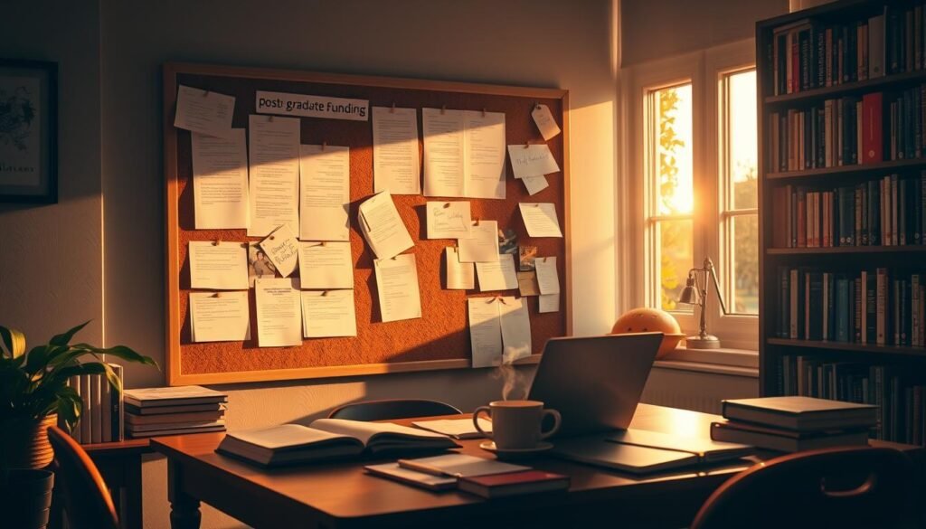 A cozy study nook, bathed in warm, golden light filtering through a large window. In the foreground, a well-organized desk with a laptop, books, and a cup of steaming tea, hinting at dedicated academic pursuits. The middle ground showcases a cork board adorned with scholarship application forms, letters of recommendation, and notes, conveying the active process of securing postgraduate funding. In the background, a bookshelf brimming with resources, suggesting the wealth of knowledge available to support the funding quest. The overall atmosphere exudes a sense of focus, determination, and the promise of academic success.