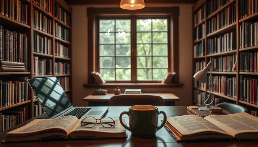 A cozy study space with a wooden desk, surrounded by bookshelves filled with academic tomes. Warm, indirect lighting casts a soft glow, creating an atmosphere of focused concentration. In the foreground, a laptop and open notebooks suggest ongoing research, while a pair of reading glasses and a steaming mug of coffee add personal touches. The background features a window overlooking a lush, verdant landscape, hinting at the world of knowledge and opportunity beyond the confines of the study. An air of scholarly contemplation and the promise of academic exploration pervade the scene.