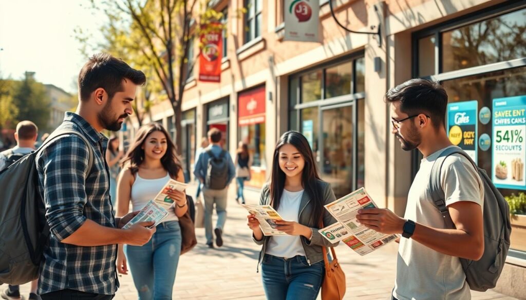 A cozy university campus scene, with students casually strolling and relaxing on a sunny day. In the foreground, a group of students are comparing discount coupons and flyers, discussing how to save money on textbooks, meals, and entertainment. The middle ground features bustling shops and cafes, showcasing student-friendly deals and discounts prominently displayed in their windows. In the background, the campus buildings are adorned with banners and signage highlighting various student perks and savings opportunities. The lighting is warm and natural, creating a welcoming atmosphere. The composition is balanced, with the students' actions and the surrounding environment working together to illustrate the concept of maximizing student discounts and campus benefits.
