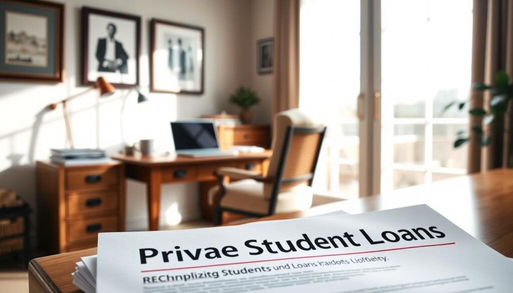 A cozy, well-lit home office with a wooden desk and comfortable chair. On the desk, a laptop, a stack of papers, and a mug of coffee. In the foreground, a stack of documents with the words "Private Student Loans" clearly visible. The room is filled with natural light, creating a warm and inviting atmosphere. The walls are adorned with framed artwork, adding a touch of personal style. The scene conveys a sense of focused productivity and financial responsibility, suggesting that the viewer is considering their options for private student loans.
