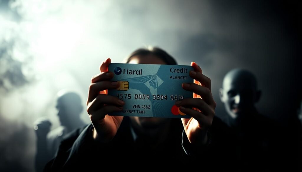 A credit card with a large balance and debt collectors surrounding it, casting ominous shadows. The card is the focal point, positioned centrally and illuminated by a harsh, directional light that casts deep shadows, symbolizing the weight and pressure of the debt. The background is hazy and out of focus, with a sense of unease and uncertainty. The overall mood is one of financial stress and the overwhelming burden of debt.