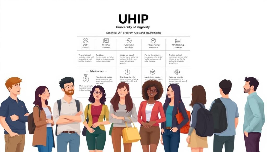 A crisp and professional illustration showcasing the key details of UHIP eligibility. In the foreground, a group of diverse university students standing against a clean, white backdrop, their faces expressing understanding and engagement. Behind them, a detailed infographic depicting the essential UHIP program rules and requirements, with clear icons and concise text. The lighting is bright and even, lending an air of authority and clarity to the scene. The overall tone is informative and approachable, conveying the importance of understanding UHIP coverage in a visually compelling way. A crisp and professional illustration showcasing the key details of UHIP eligibility. In the foreground, a group of diverse university students standing against a clean, white backdrop, their faces expressing understanding and engagement. Behind them, a detailed infographic depicting the essential UHIP program rules and requirements, with clear icons and concise text. The lighting is bright and even, lending an air of authority and clarity to the scene. The overall tone is informative and approachable, conveying the importance of understanding UHIP coverage in a visually compelling way.